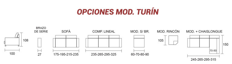 Medidas Sofá Modelo Turín en Sofás Alicante